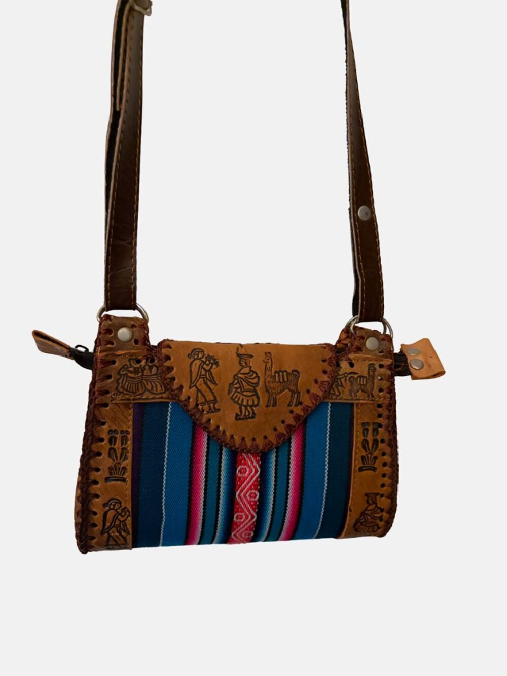 Peruvian Leather Hand Tooled Tribal Earth Crossbody Bag Adjustable Strap